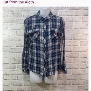 “KUT from the Kloth” Women’s Blue Plaid Button-Up Shirt w/Roll-Tab Sleeves EUC